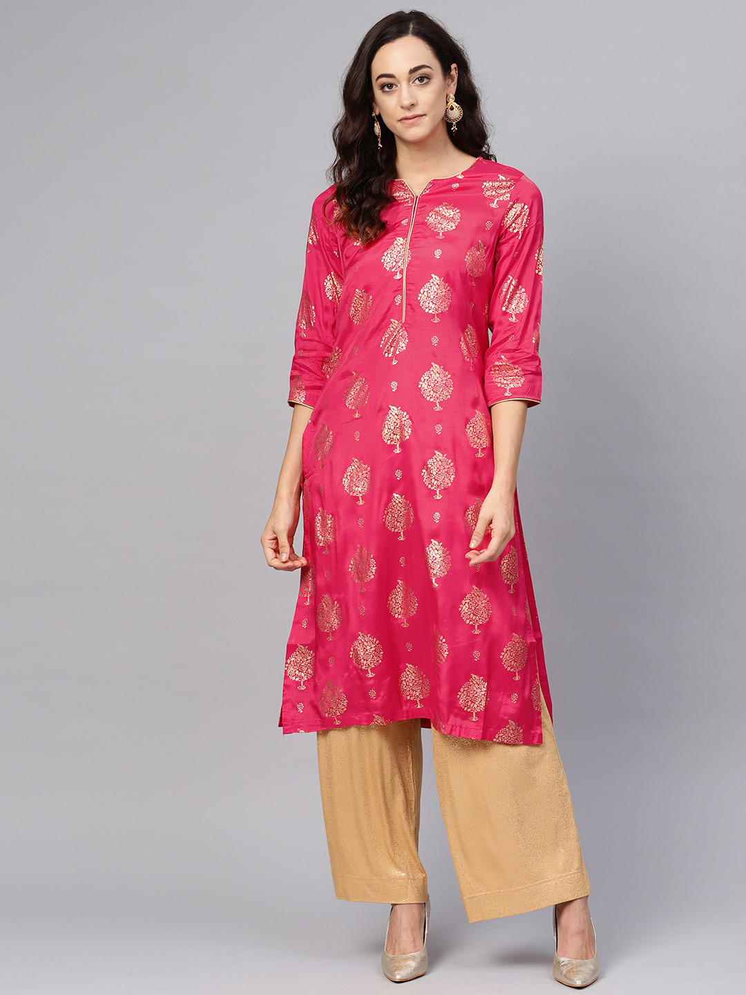 

Biba Women Pink & Golden Printed Straight Kurta