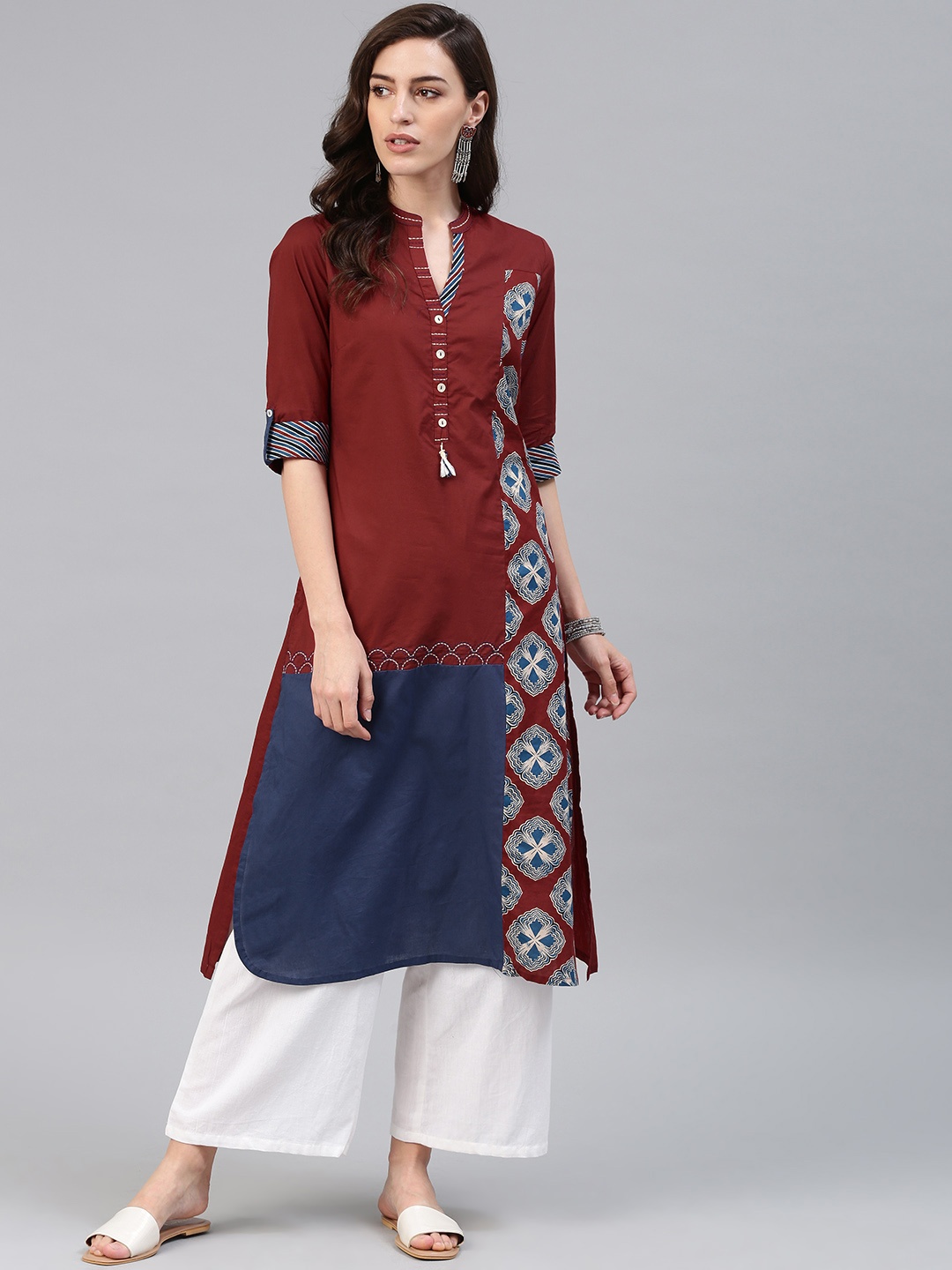 

Biba Women Rust Red & Navy Blue Printed Straight Kurta
