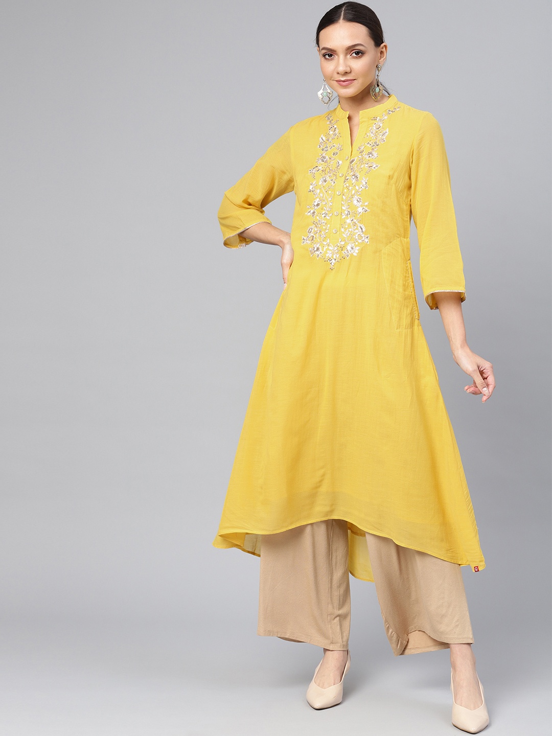 

Biba Women Yellow Floral Yoke Design Gotta Patti A-Line Kurta