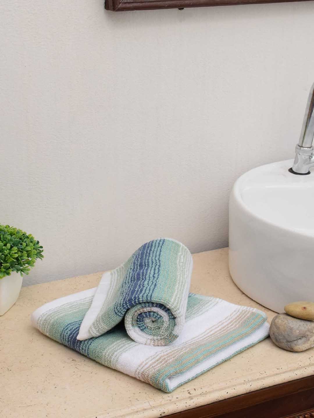 

Avira Home Unisex Set of 2 Green & Blue Striped 535 GSM Hand Towels