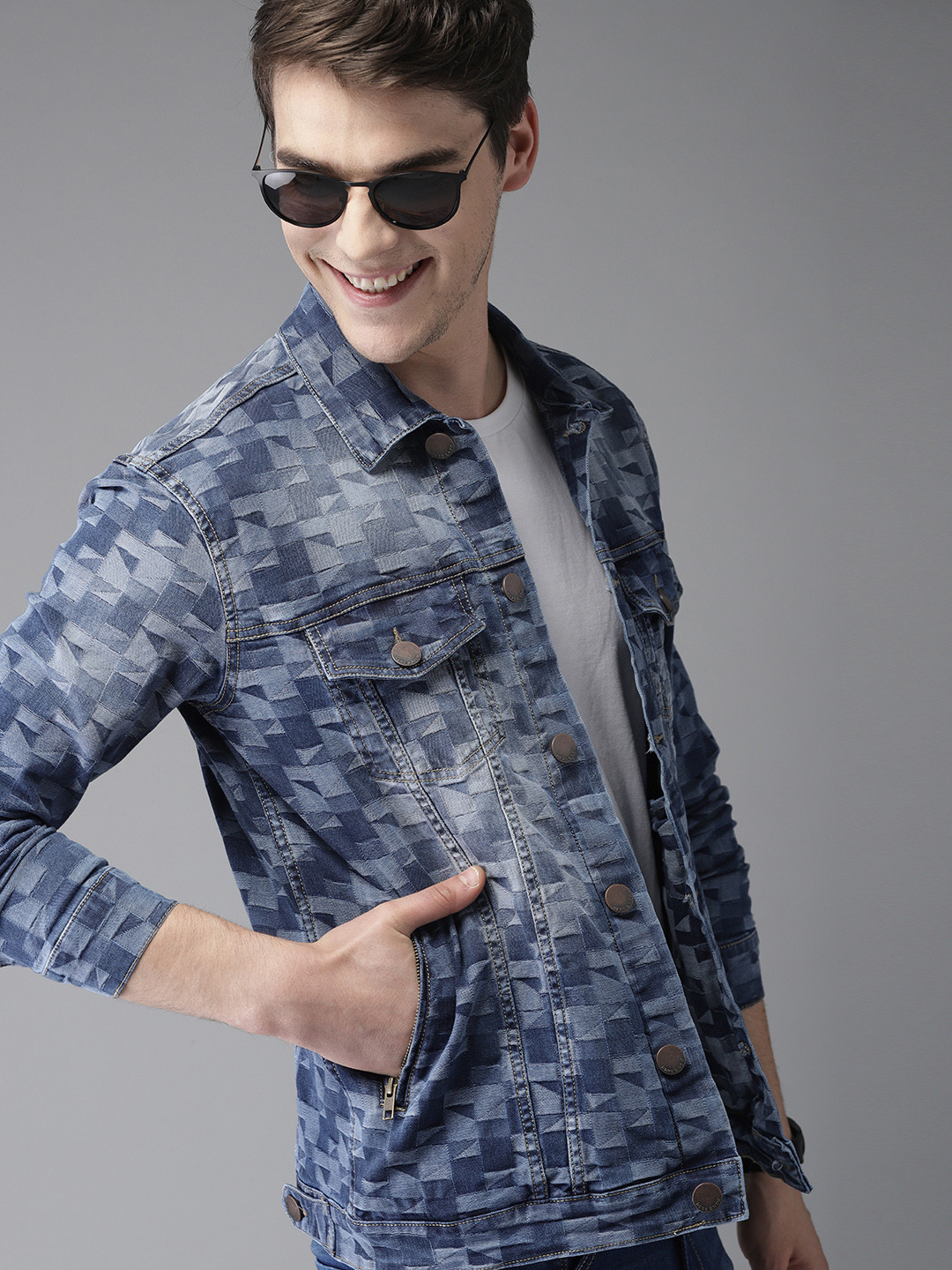 

HERE&NOW Men Blue Checked Denim Jacket