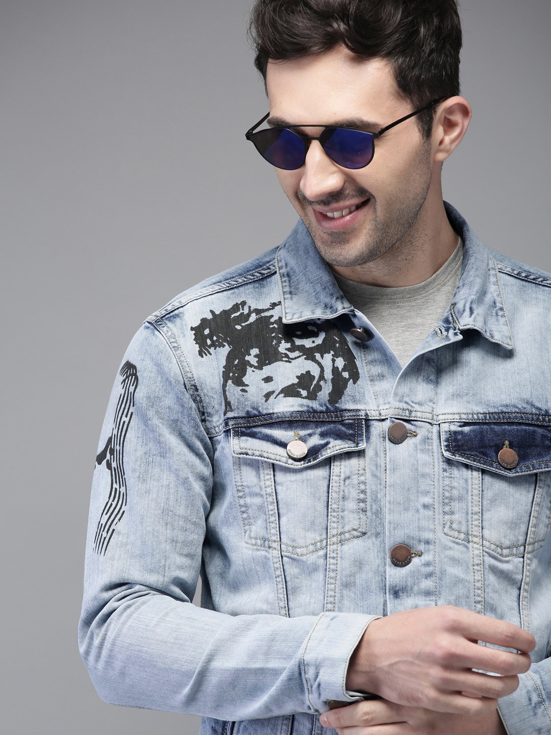 

HERE&NOW Men Blue Printed Denim Jacket