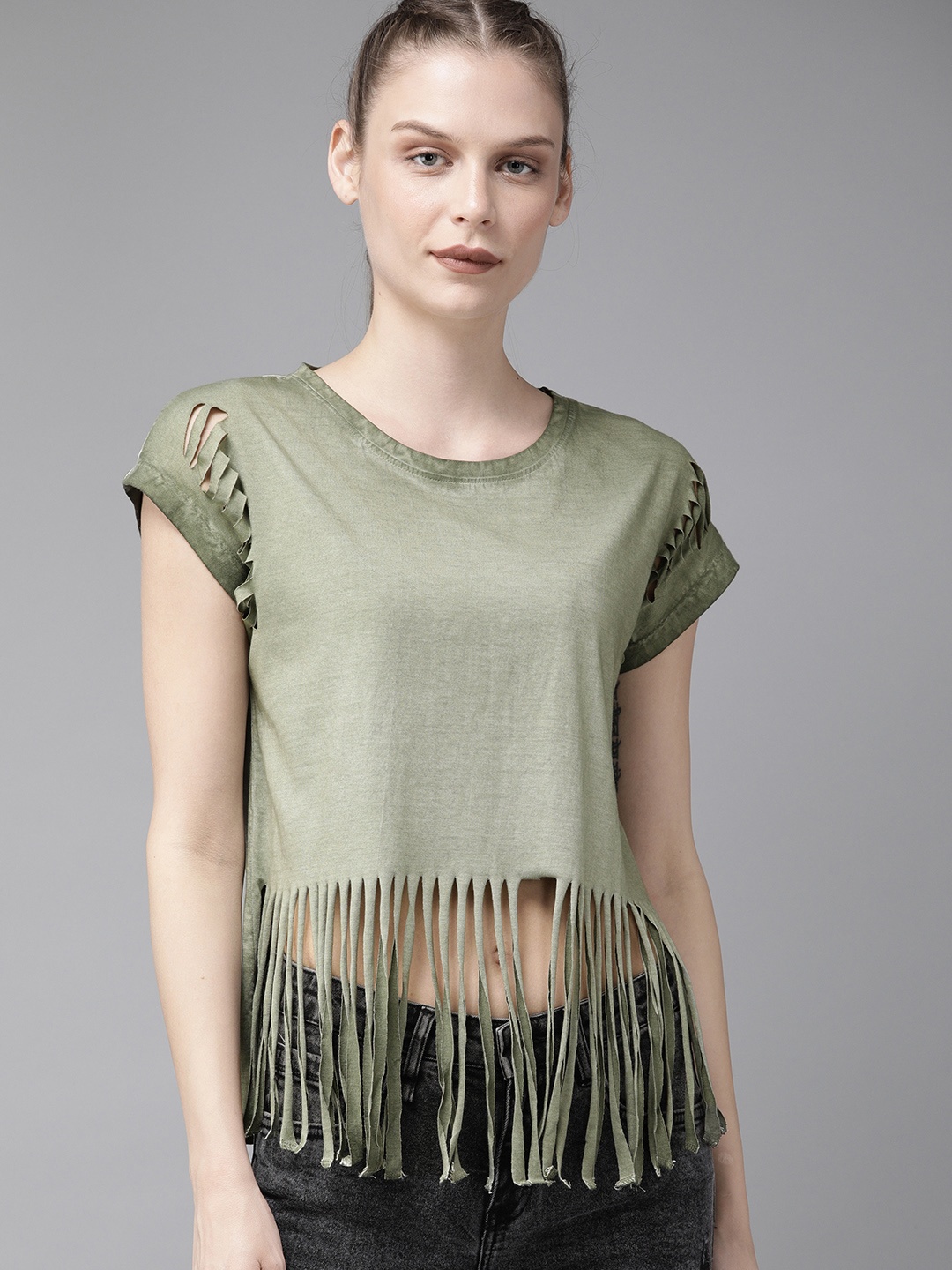 

The Roadster Lifestyle Co Women Olive Green Fringed Dyed Pure Cotton Top