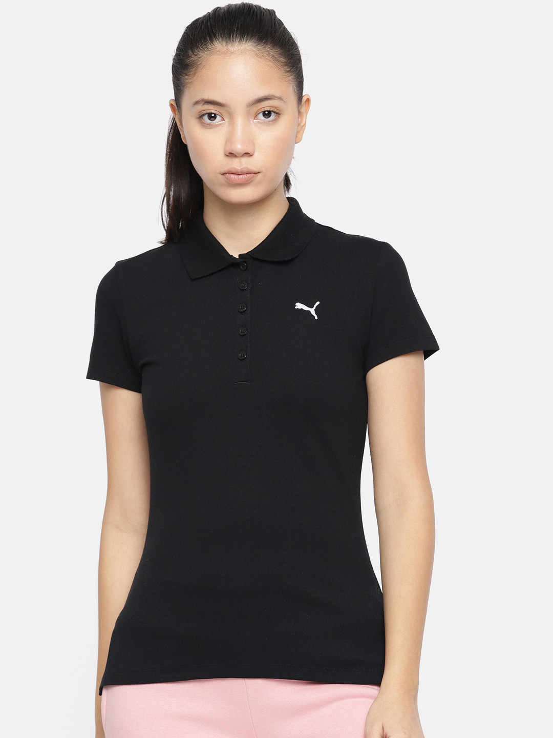 

Puma Women Black Solid ESS Polo Collar T-shirt