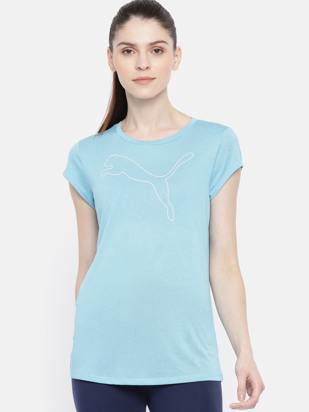 

Puma Women Blue Printed Active Logo Heather dryCELL Lightweight Round Neck T-shirt