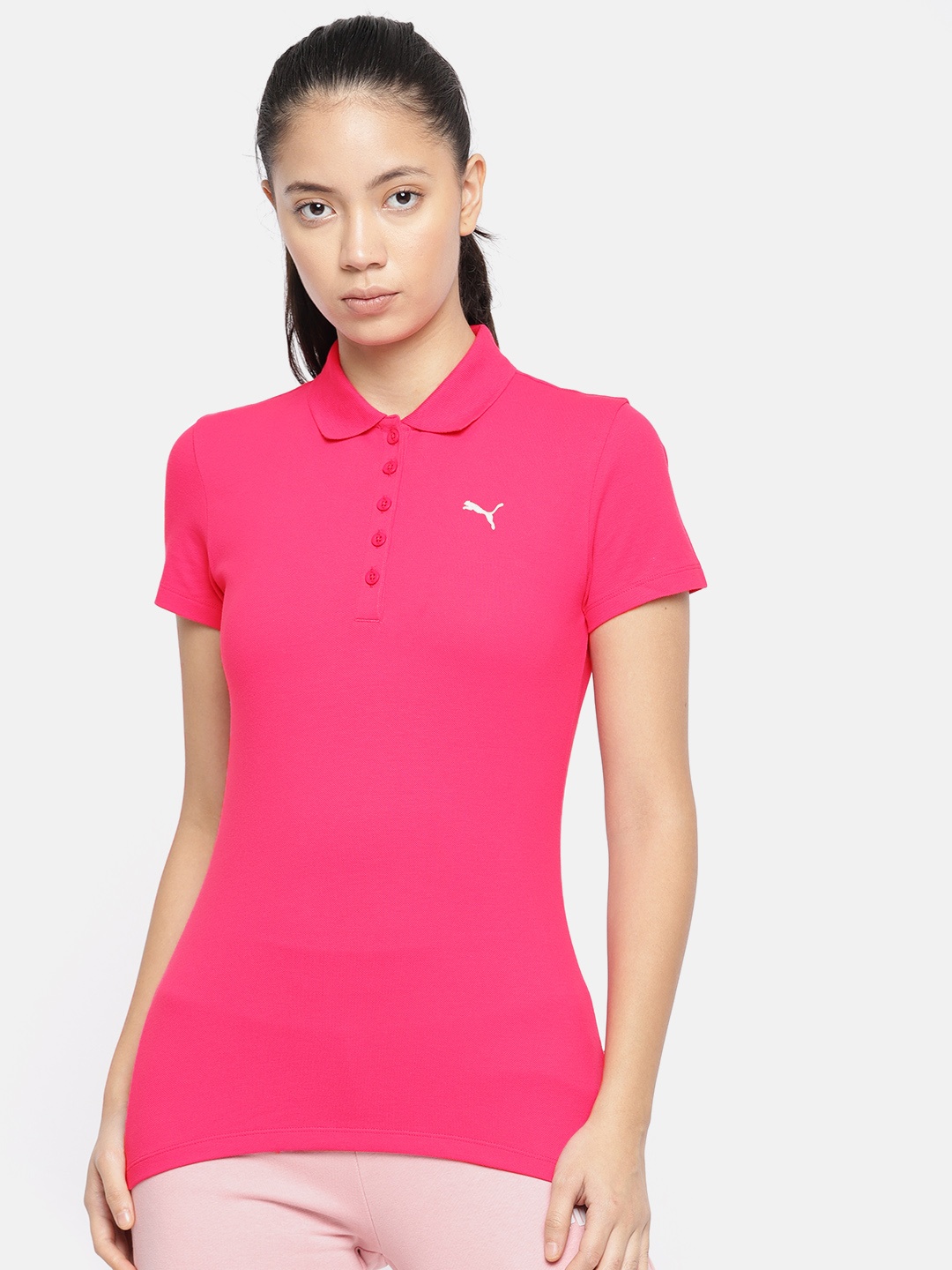 

Puma Women Pink Solid ESS Polo Collar T-shirt