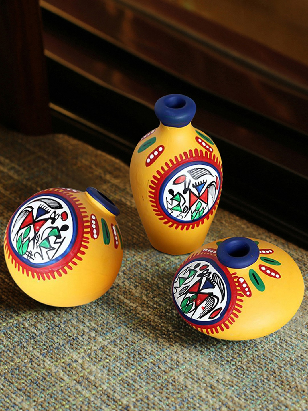 

ExclusiveLane Terracotta Warli Handpainted Miniature Yellow Pots (Set Of 3)