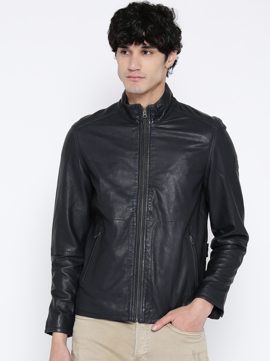 

U.S. Polo Assn. Men Navy Blue Solid Leather Jacket