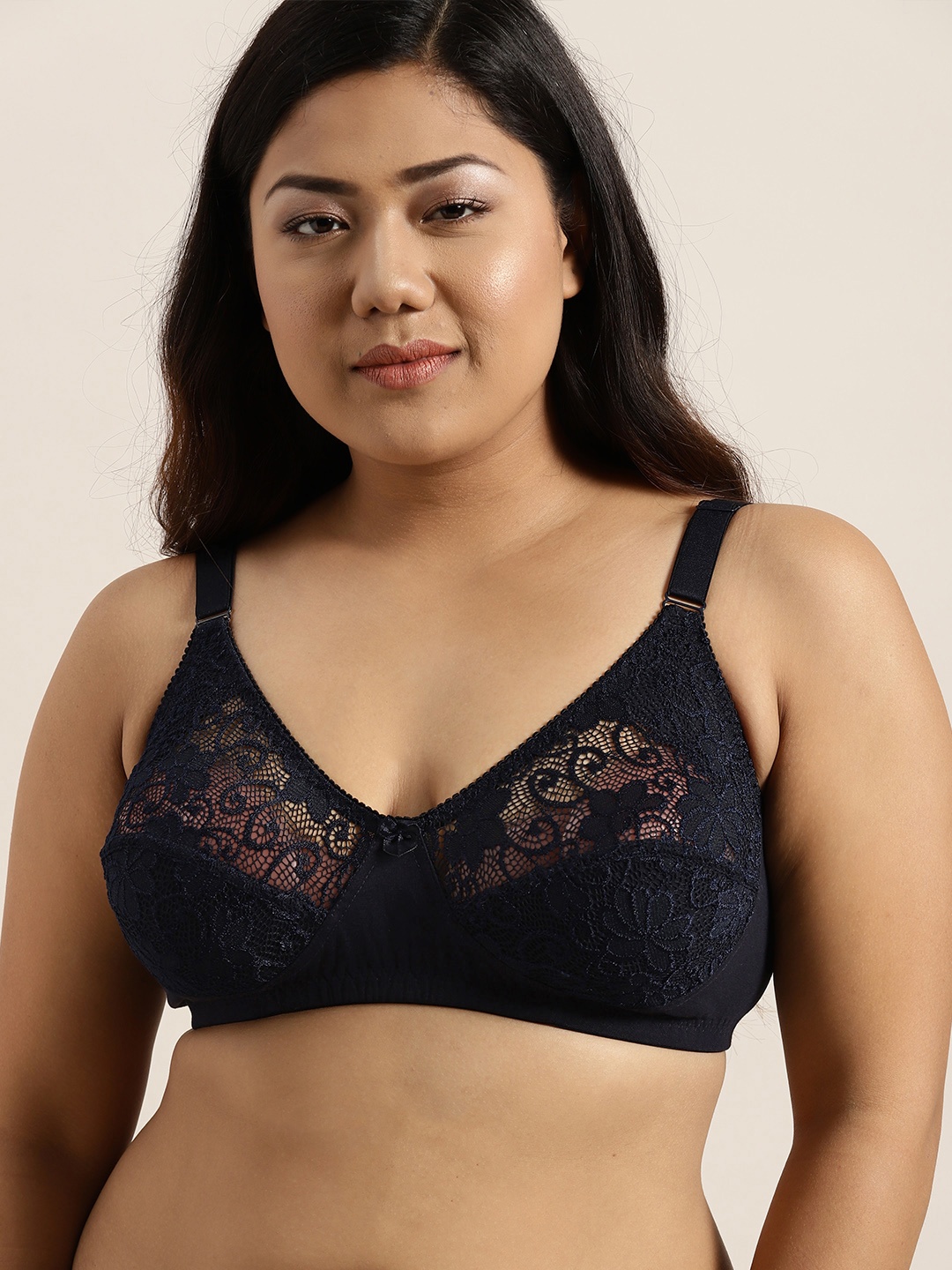 

Sztori Plus Size Navy Blue Lace Non-Wired Non Padded Everyday Bra SZ-BRA-704G
