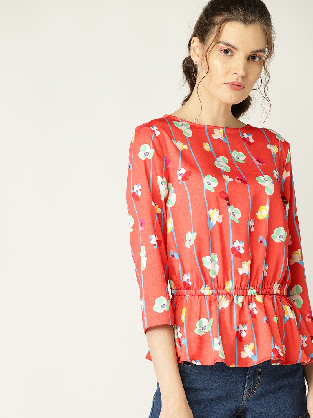 

United Colors of Benetton Women Coral Orange & White Floral Print Cinched Waist Top