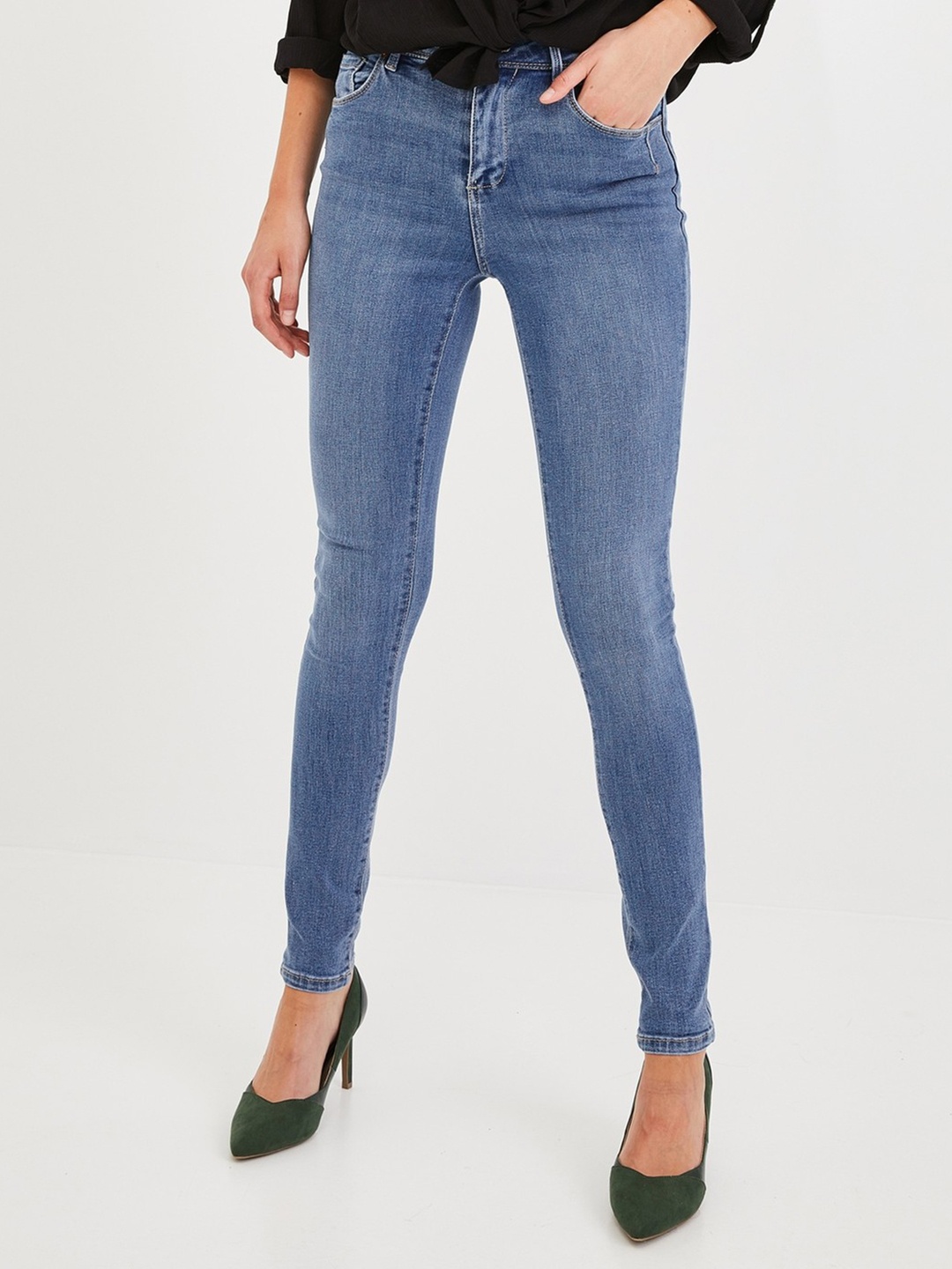 

promod Women Blue Emile Skinny Fit Mid-Rise Clean Look Stretchable Jeans