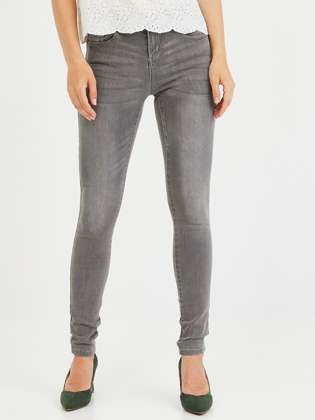 

promod Women Grey Gaspard Skinny Fit Mid-Rise Clean Look Stretchable Jeans