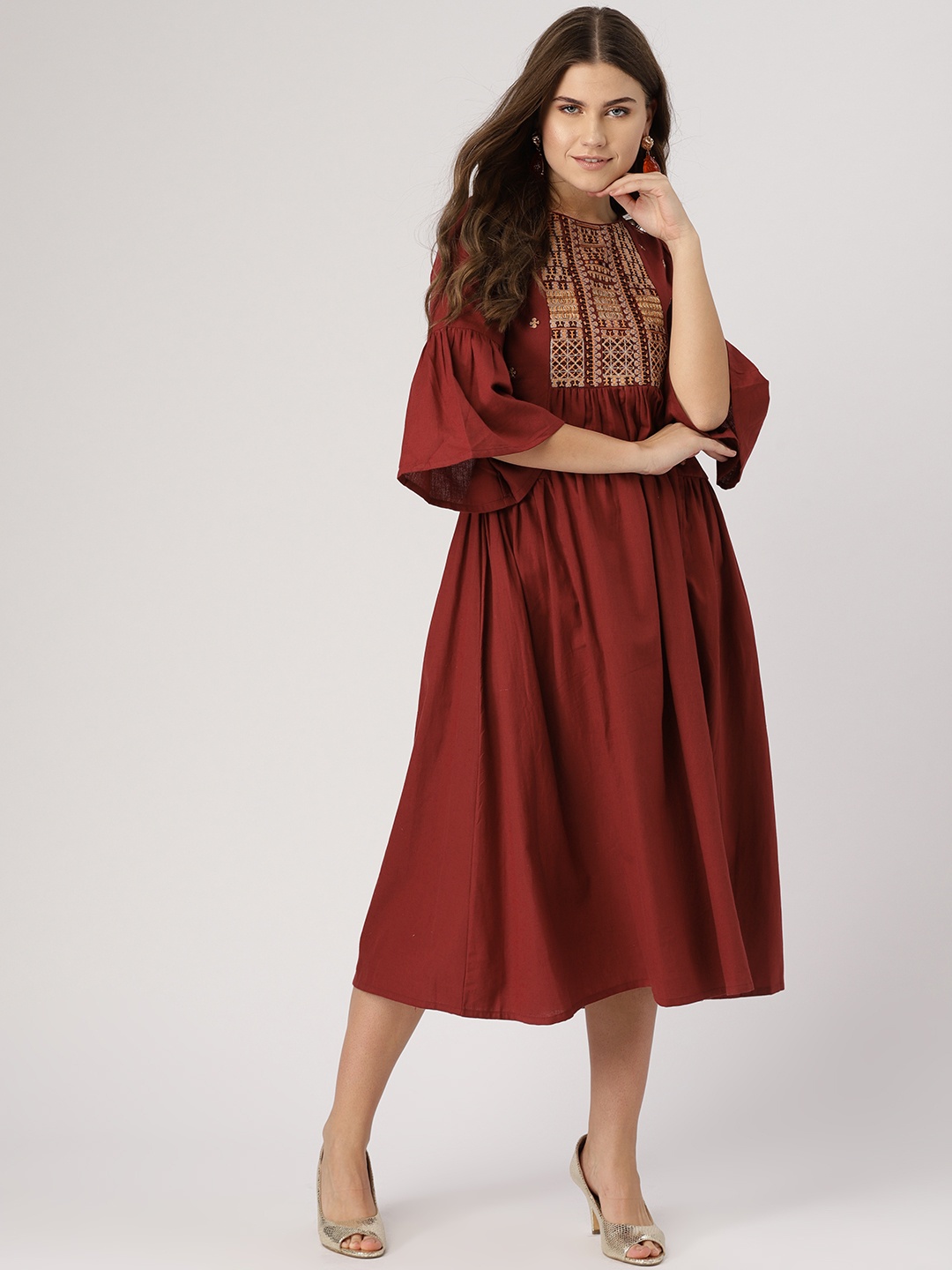 

IMARA Women Maroon Embroidered Detail A-Line Dress