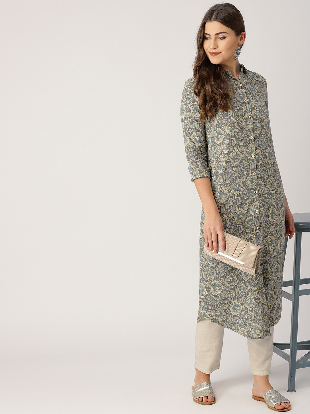 

IMARA Women Grey Printed A-Line Kurta
