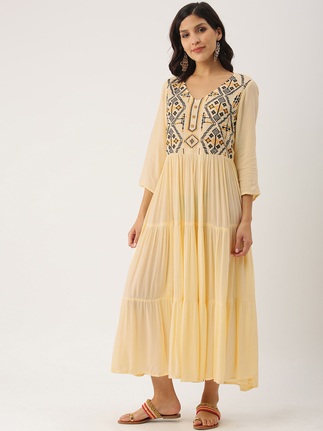 

IMARA Women Cream-Coloured Solid Tiered A-Line Dress
