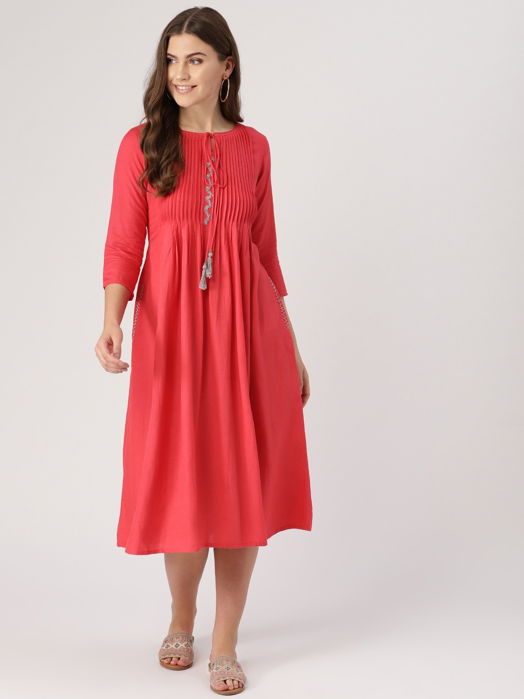 

IMARA Women Coral Pink Solid A-Line Dress