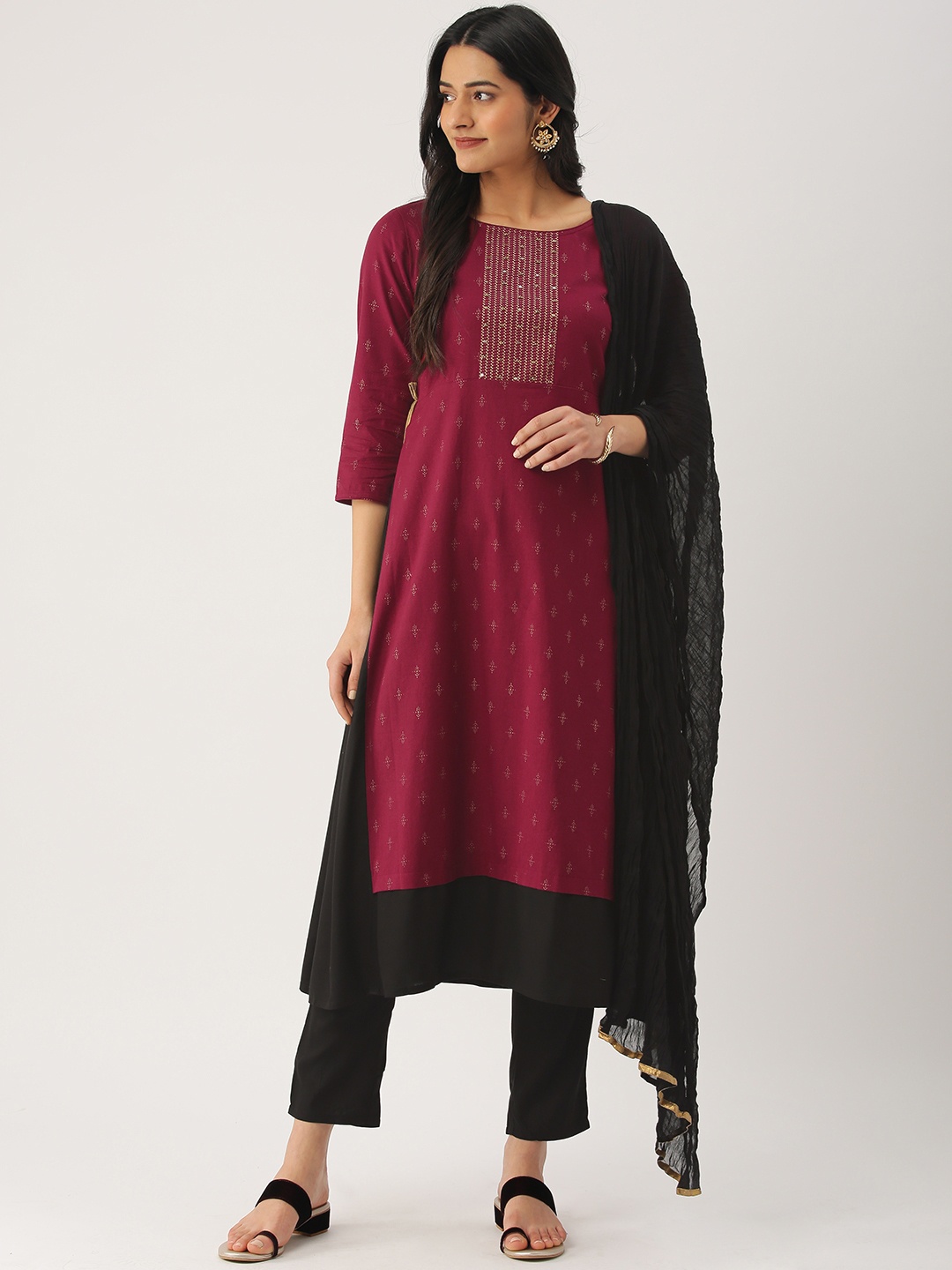 

IMARA Women Maroon & Black Printed A-Line Kurta with Trousers & Dupatta