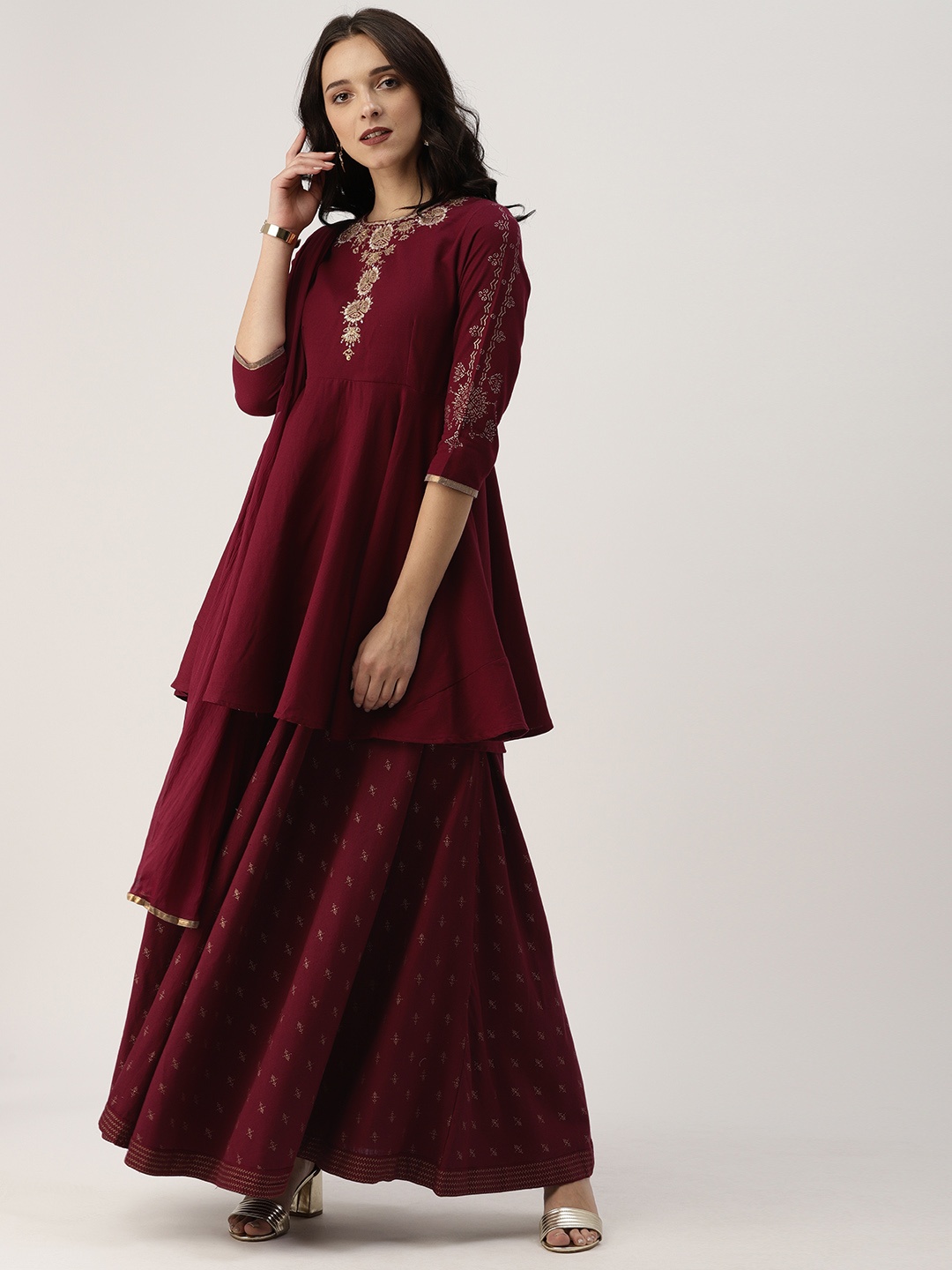 

IMARA Women Maroon Embroidered A-Line Kurti with Skirt & Dupatta