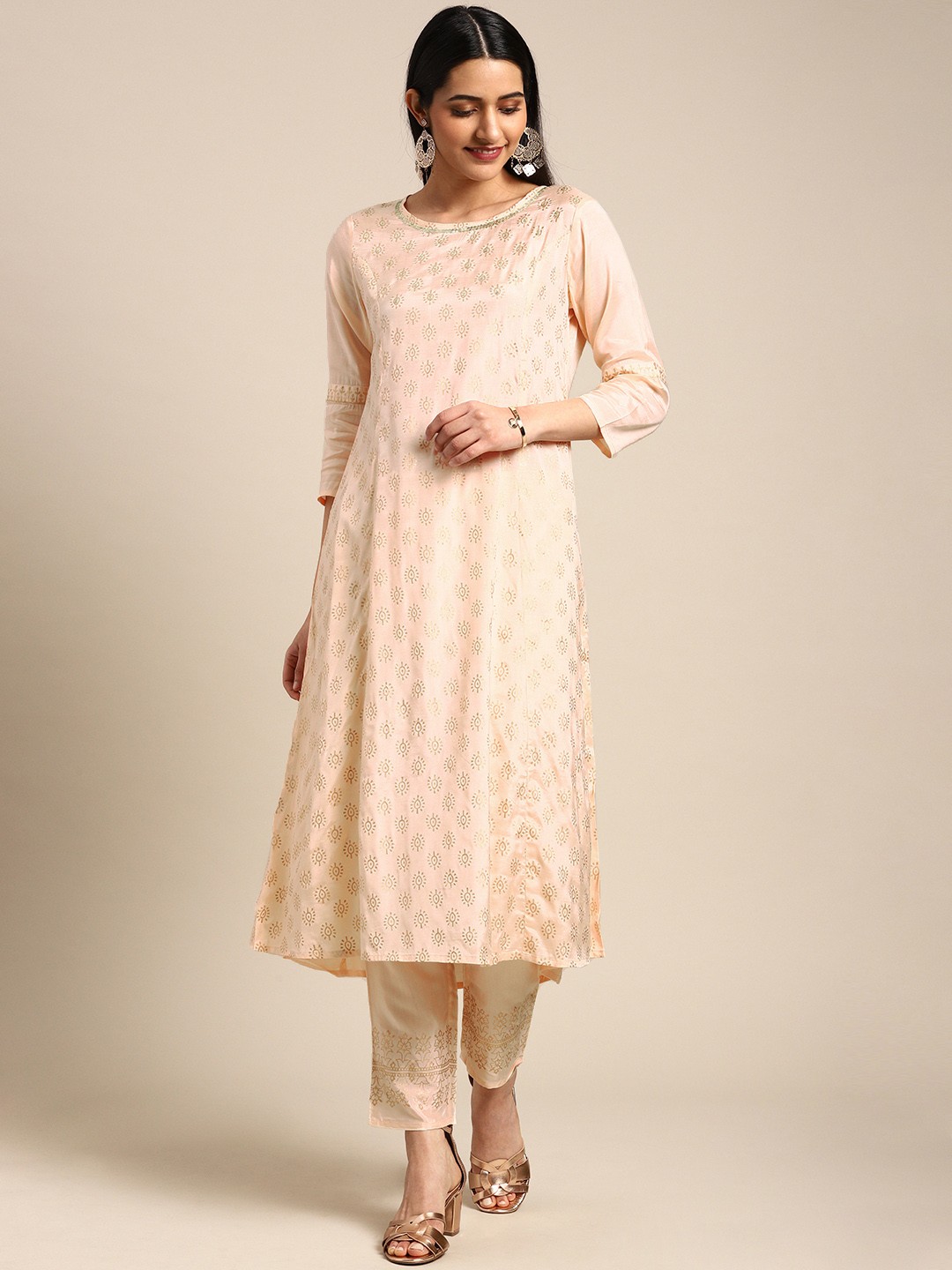 

IMARA Women Peach & Golden Printed Kurta with Trousers