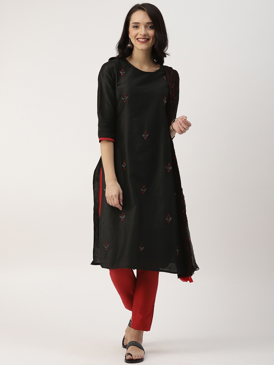 

IMARA Women Black & Red Embellished Kurta with Trousers & Dupatta