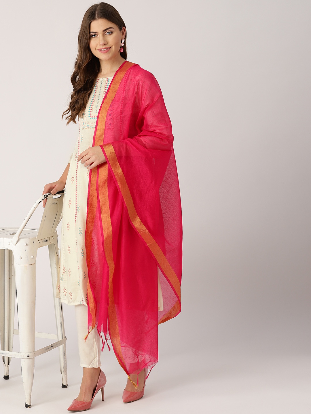 

IMARA Women Off-White & Pink Printed Kurta with Trousers & Dupatta
