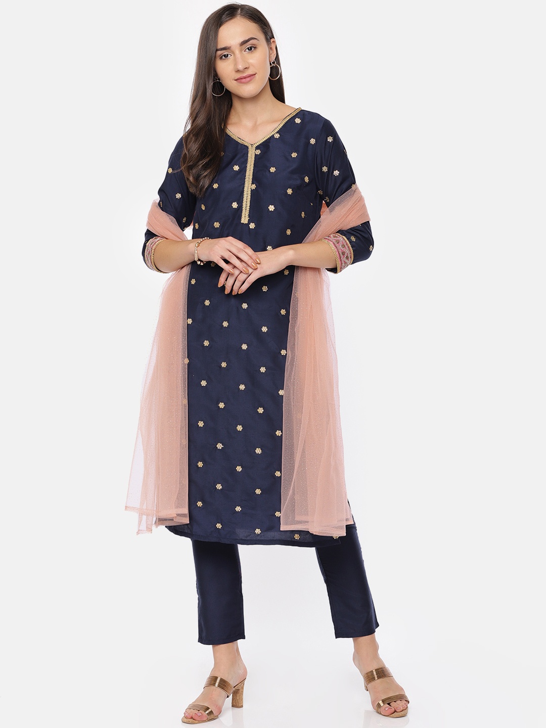 

IMARA Women Navy Blue & Gold-Toned Embroidered Kurta with Trousers & Dupatta