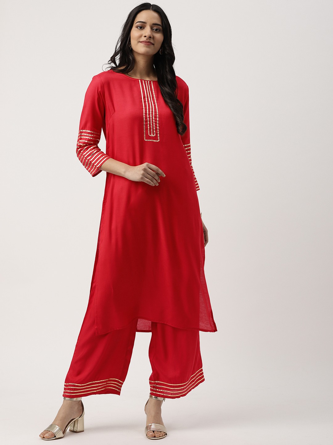 

IMARA Women Red Solid Kurta with Trousers