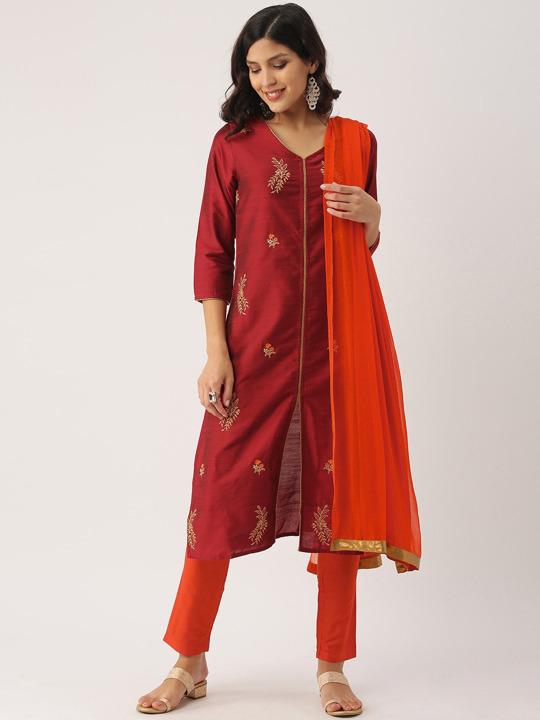 

IMARA Women Maroon & Orange Embroidered Kurta with Trousers & Dupatta
