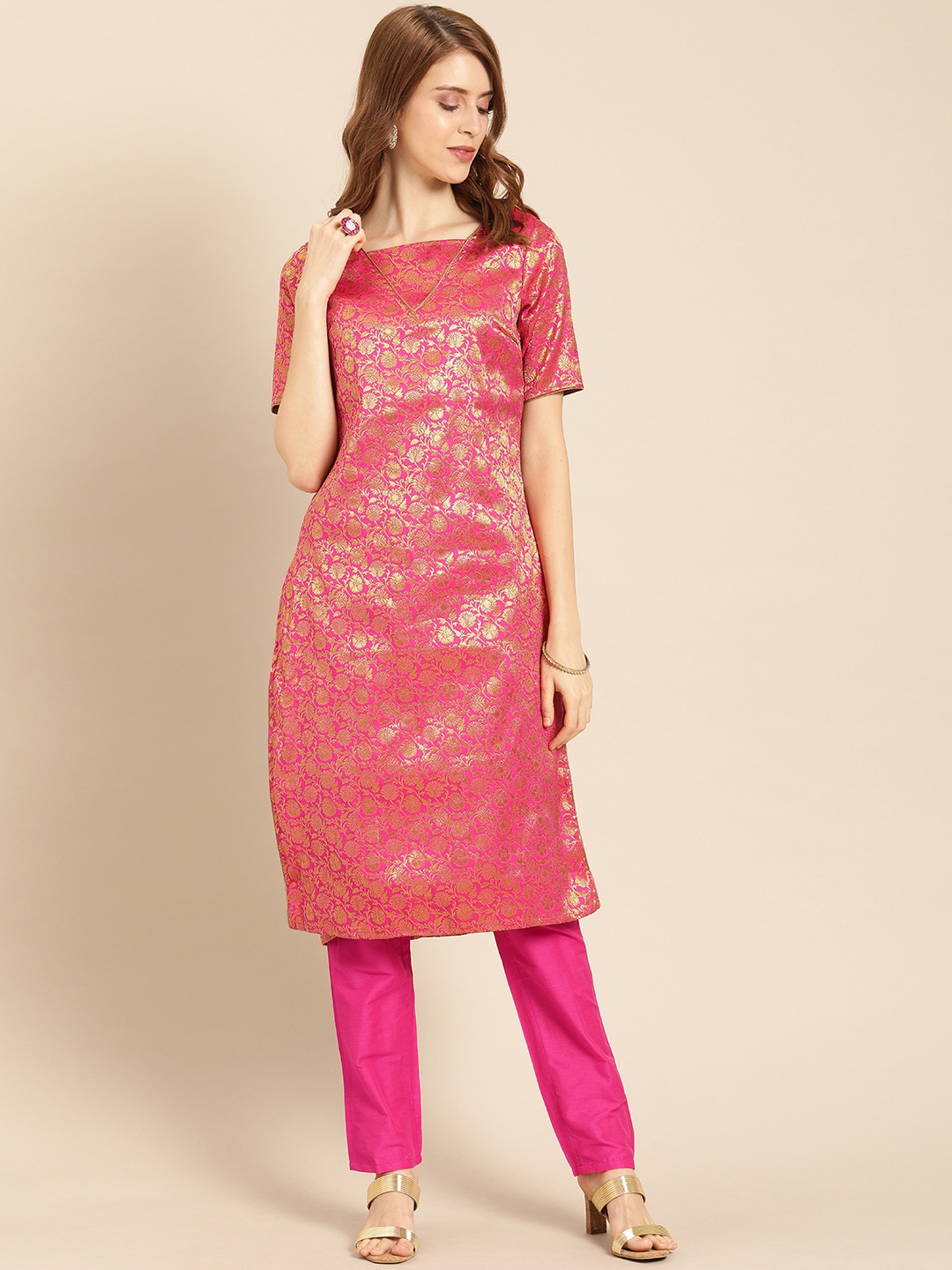 

IMARA Women Pink Woven Design Kurta with Churidar