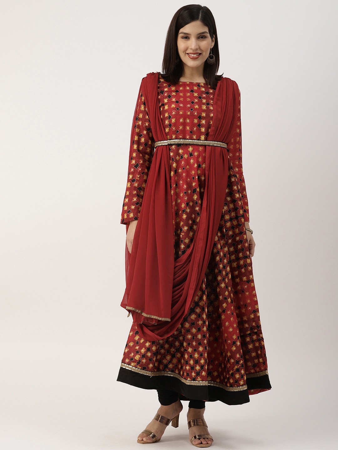 

IMARA Women Maroon & Black Printed Kurta with Leggings & Dupatta