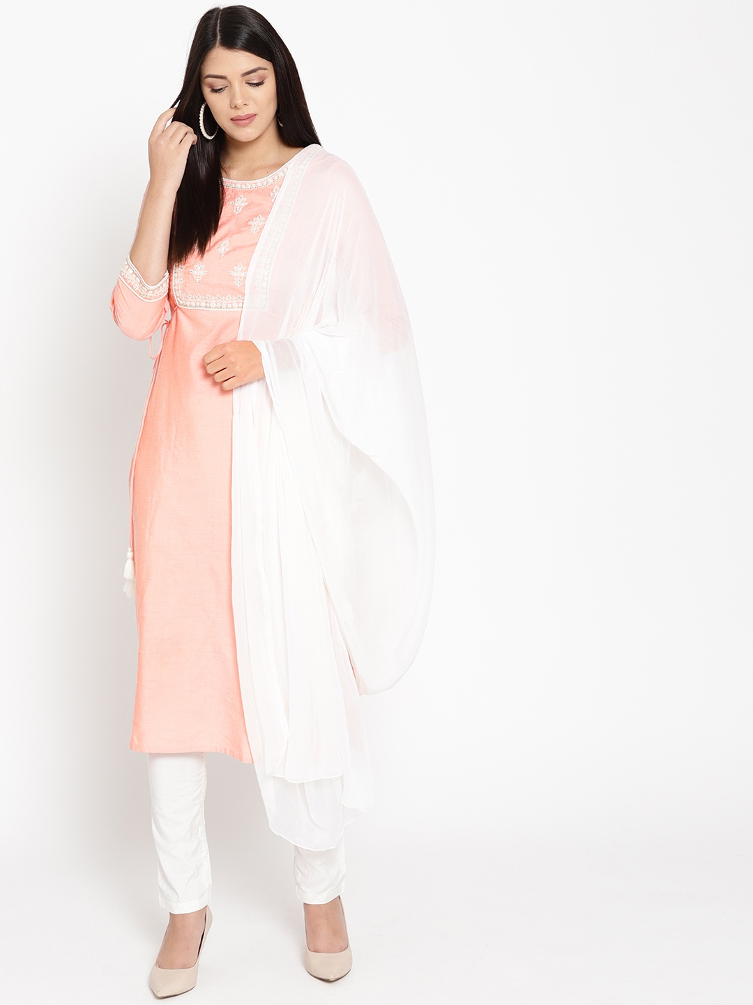 

IMARA Women Peach-Coloured & White Yoke Design Kurta with Trousers & Dupatta