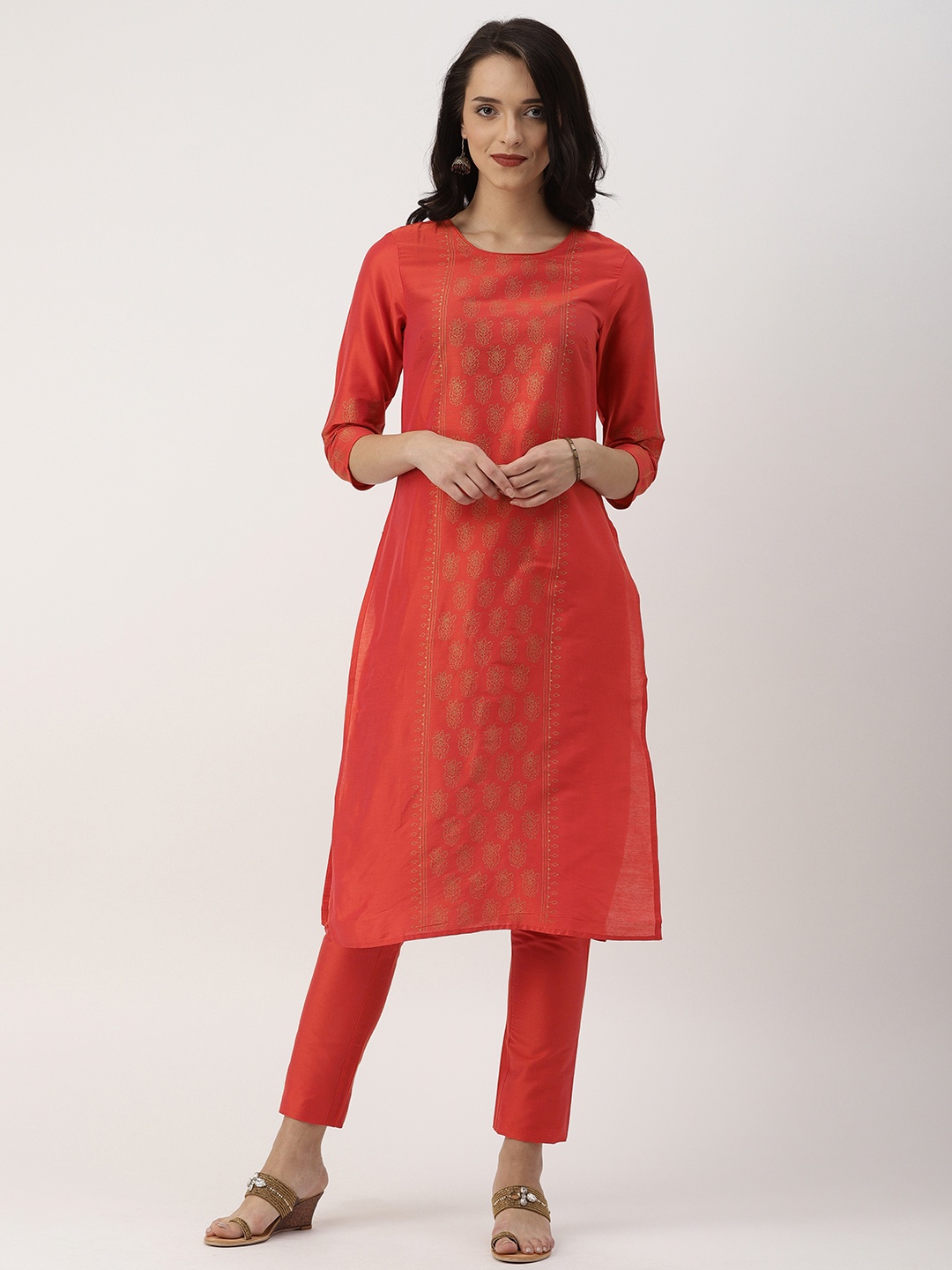 

IMARA Women Coral Orange Printed Straight Kurta with Trousers