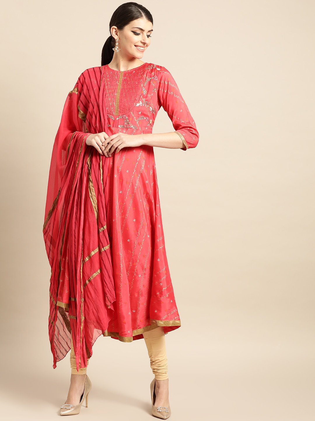 

IMARA Women Red & Golden Printed Kurta with Churidar & Dupatta