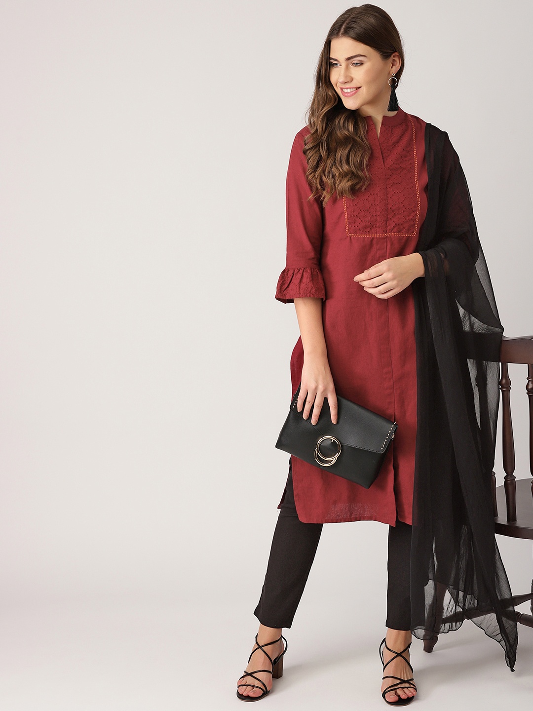 

IMARA Women Burgundy & Black Yoke Design Kurta with Trousers & Dupatta