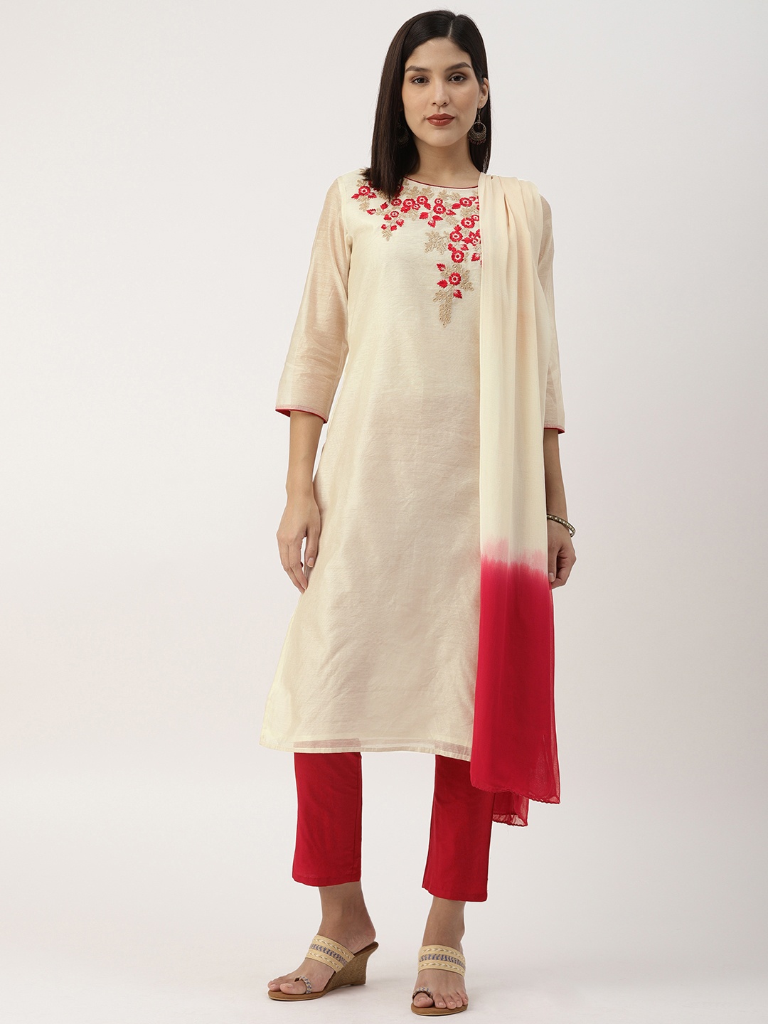 

IMARA Women Off-White & Red Yoke Design Straight Kurta with Trousers & Dupatta