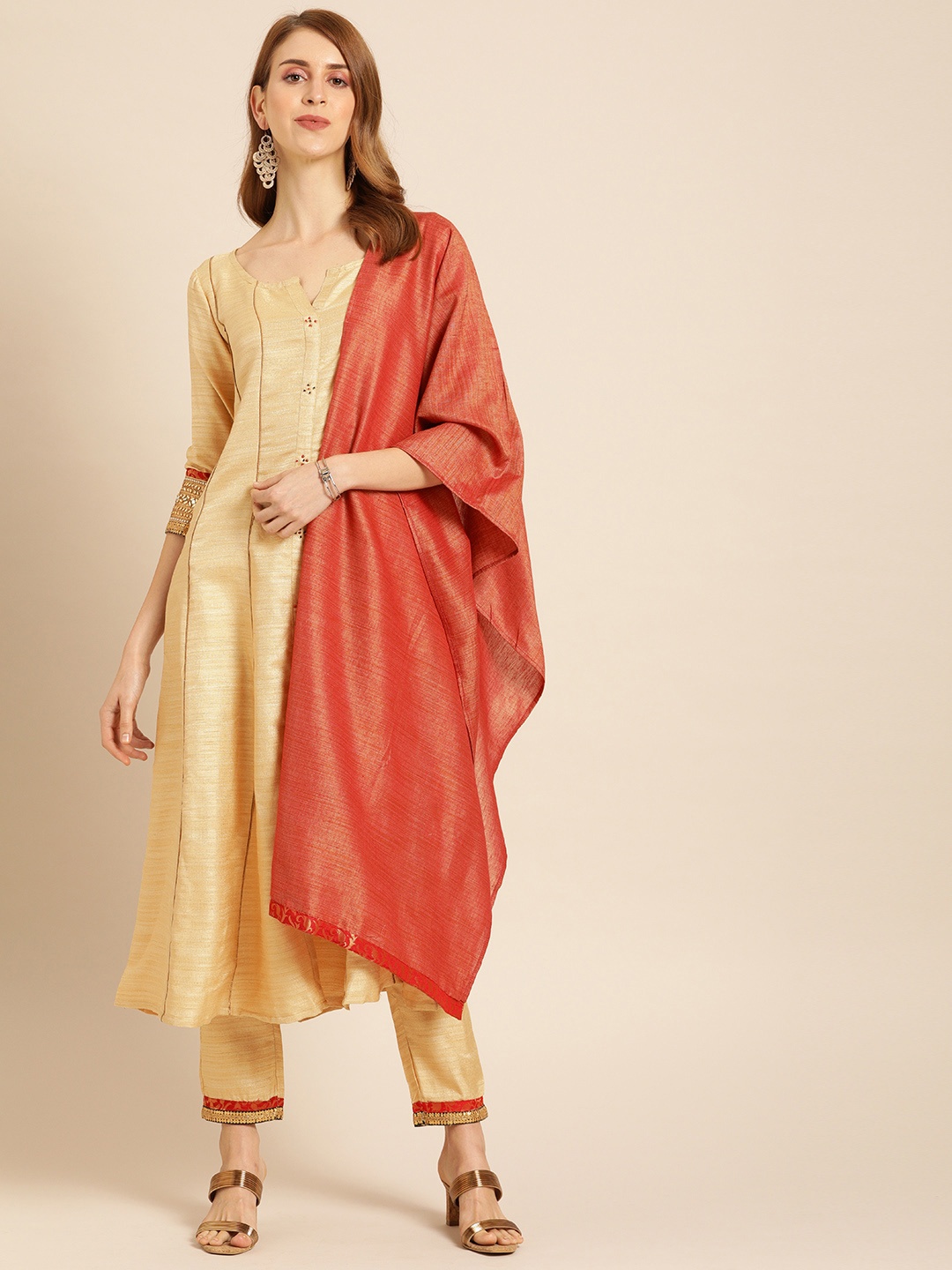 

IMARA Women Beige Solid Kurta with Trousers & Dupatta