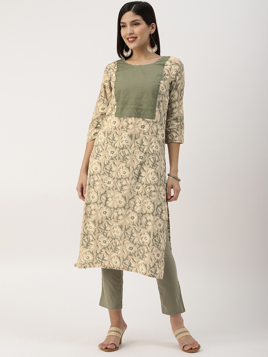 

IMARA Women Beige & Green Printed Yoke Design Kurta with Trousers