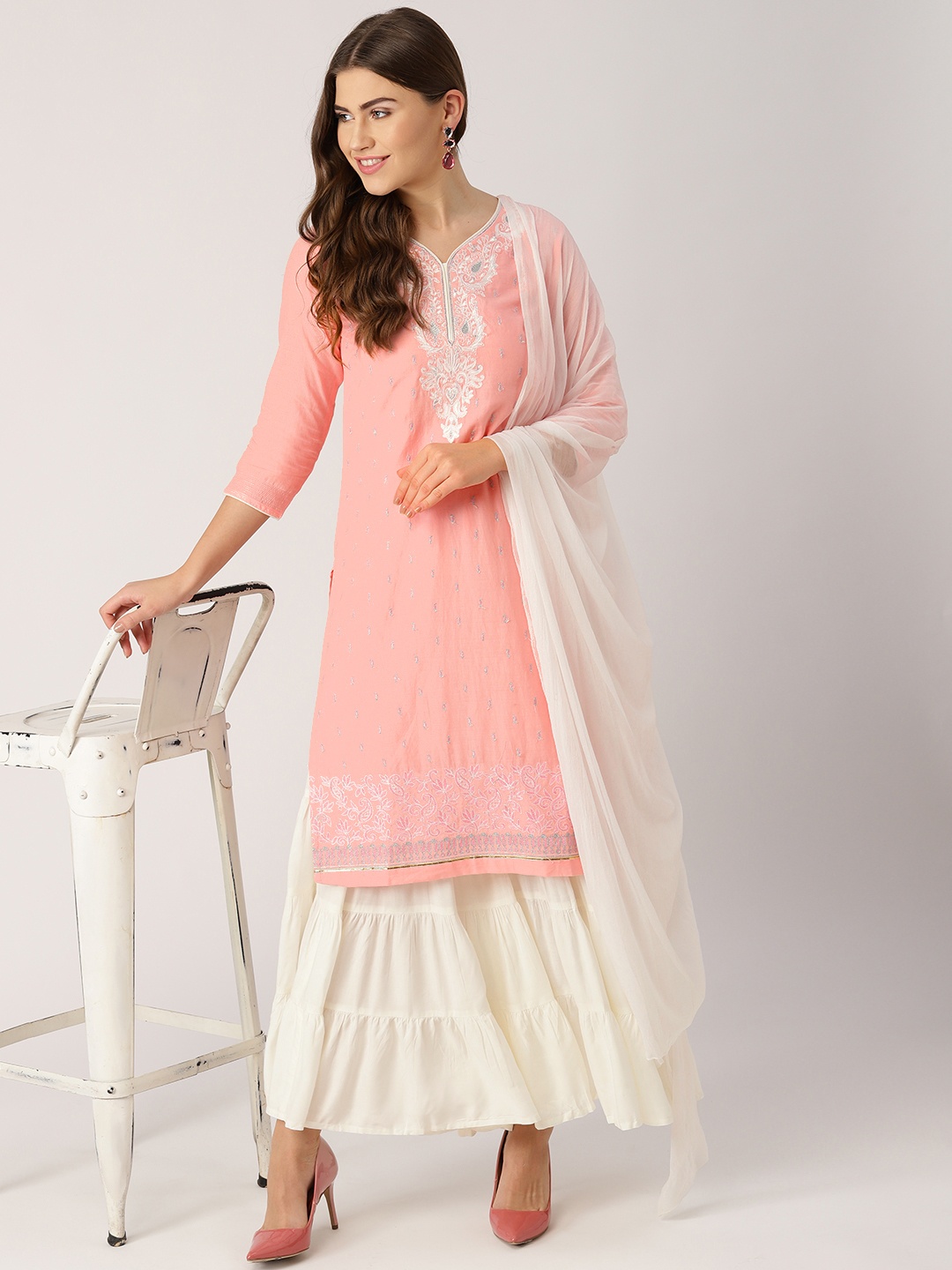 

IMARA Women Pink & Off-White Embroidered Kurta with Sharara & Dupatta