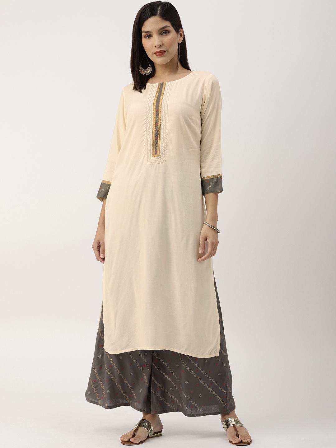 

IMARA Women Off-White & Grey Solid Kurta with Palazzos