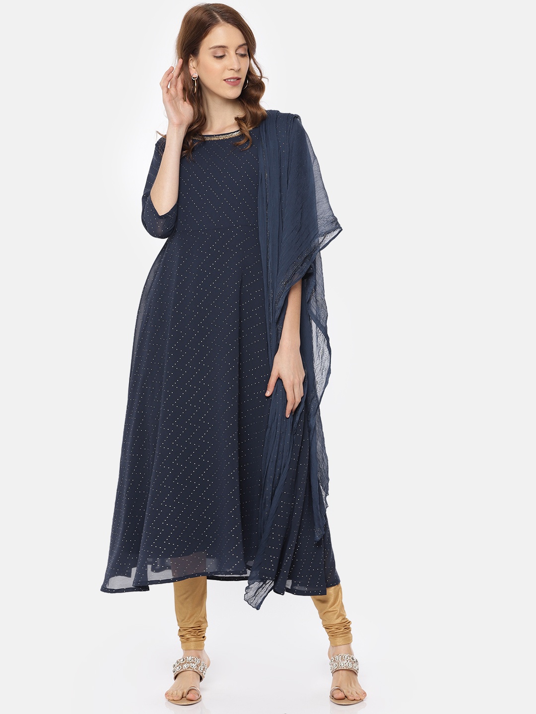 

IMARA Women Navy Blue & Gold-Toned Printed Kurta with Churidar & Dupatta