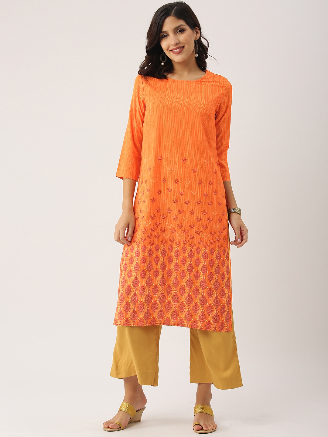 

IMARA Women Orange & Red Striped Straight Kurta
