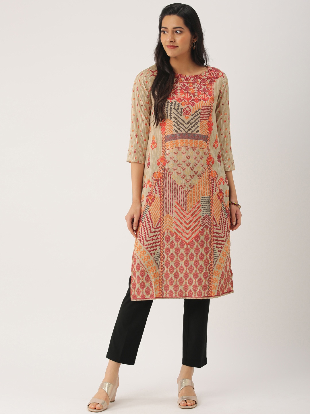 

IMARA Women Beige & Orange Printed Straight Kurta