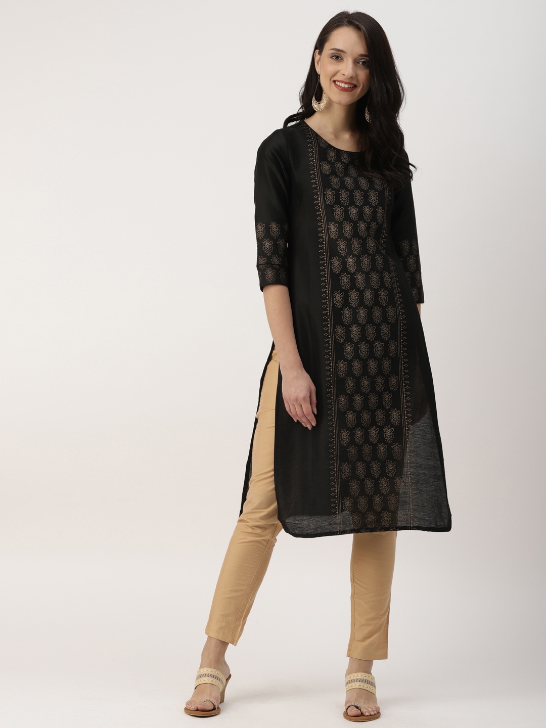 

IMARA Women Black & Gold-Coloured Printed Straight Kurta
