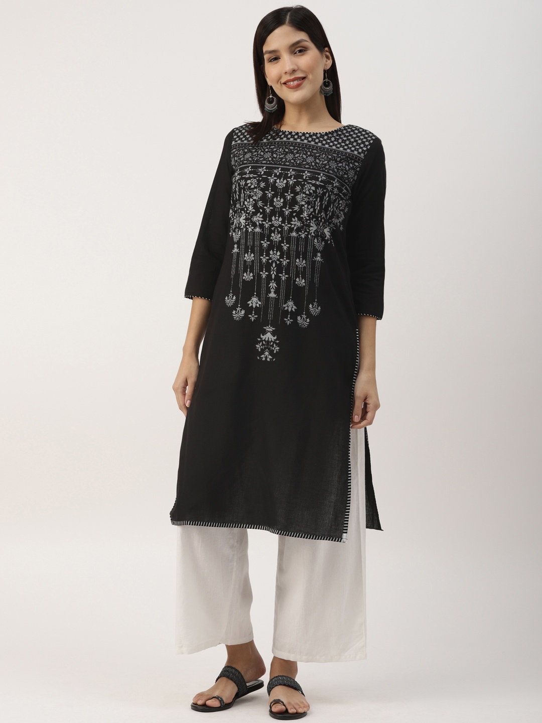 

IMARA Women Black & White Printed Straight Kurta