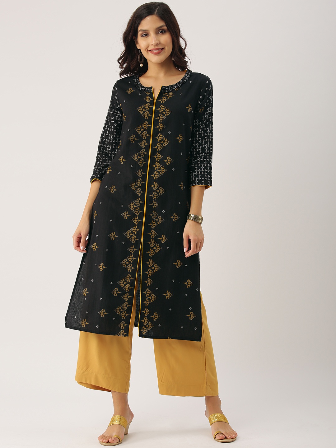 

IMARA Women Black & Beige Printed Straight Kurta
