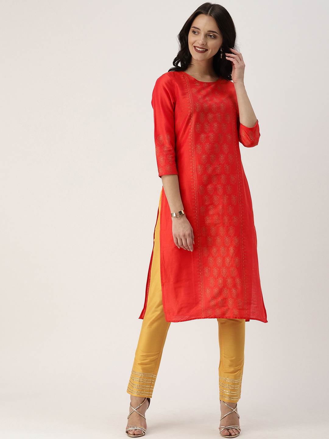 

IMARA Women Coral Red & Golden Foil Print Straight Kurta