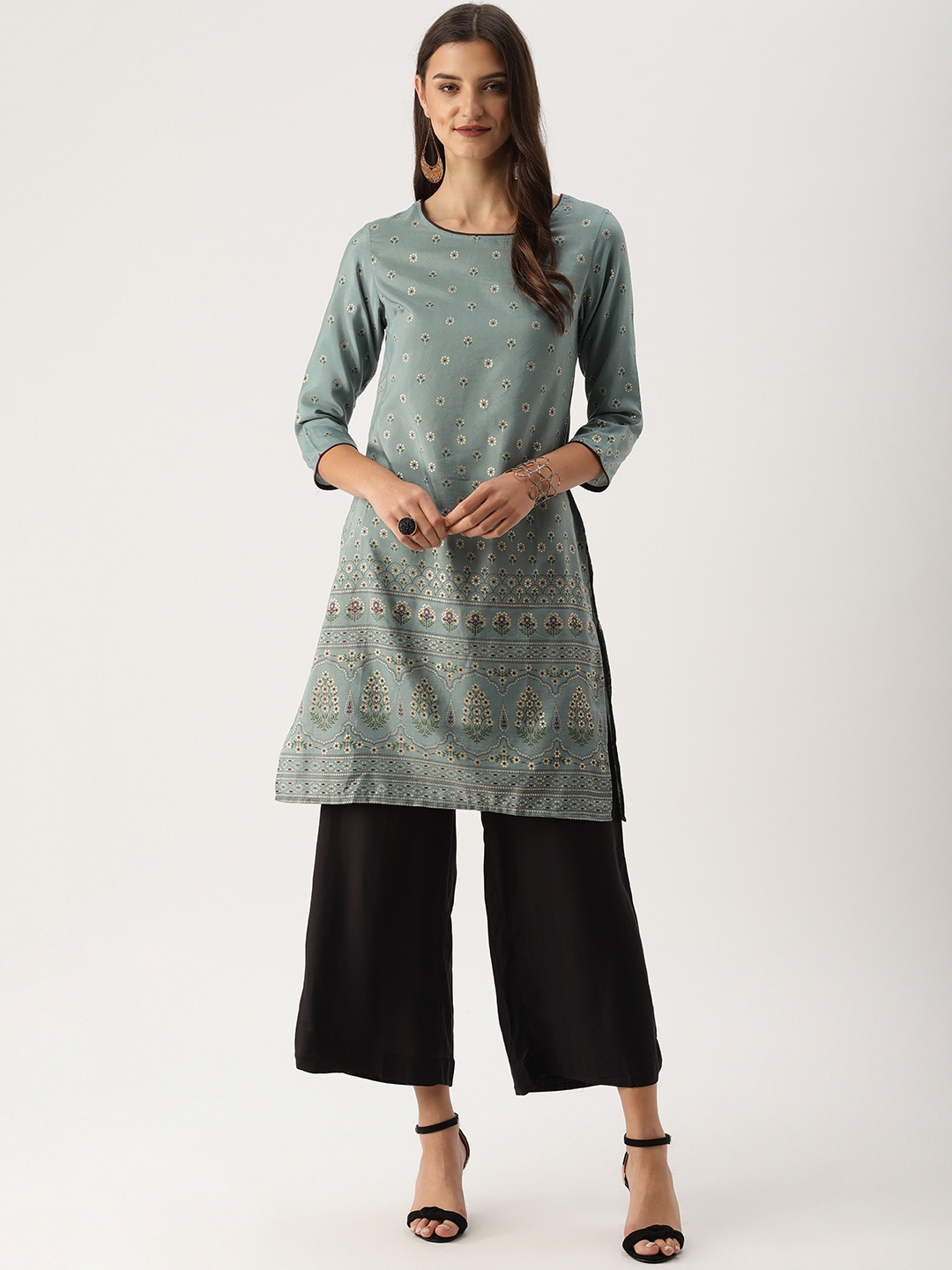 

IMARA Women Turquoise Blue & White Printed Straight Kurta