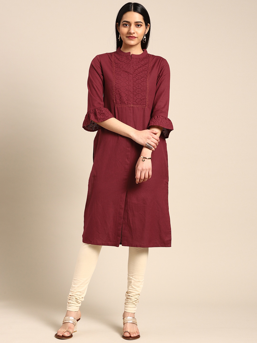 

IMARA Women Maroon Embroidered Straight Kurta