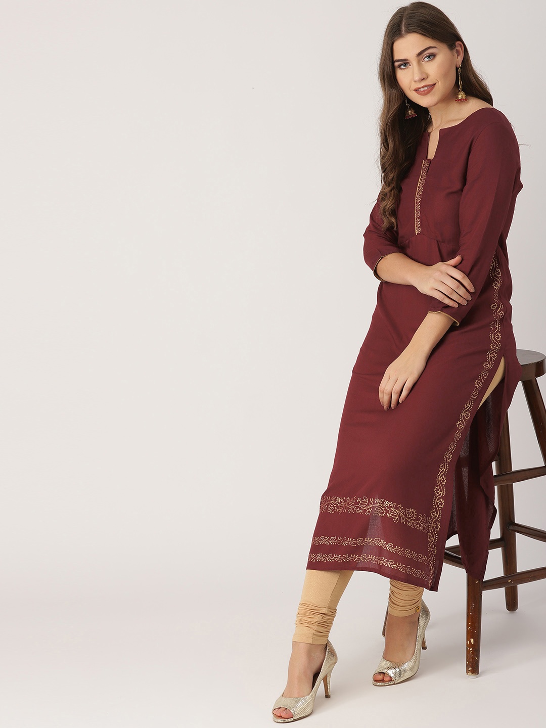 

IMARA Women Maroon Yoke Design Foil Print Straight Kurta