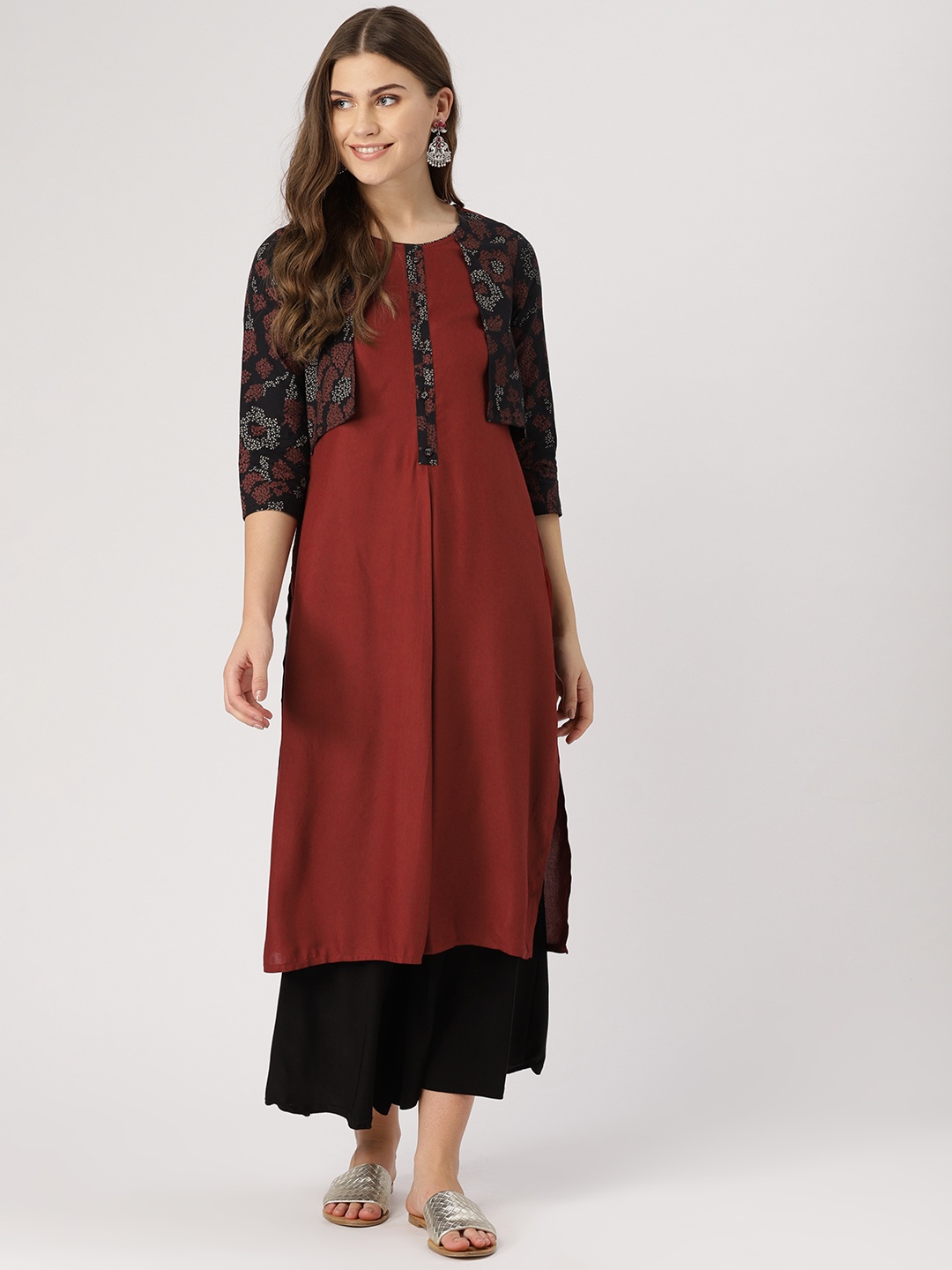 

IMARA Women Maroon & Black Solid A-Line Kurta